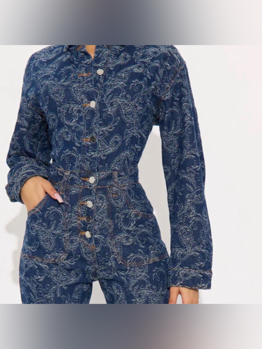 Denim Paisley Button-Up Jumpsuit - Navy